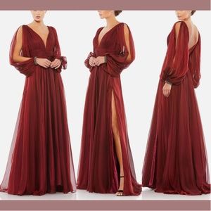 NWT $598 Mac Duggal [ 4 ] Chiffon Open Sleeve A-Line Gown Garnet‎ Red